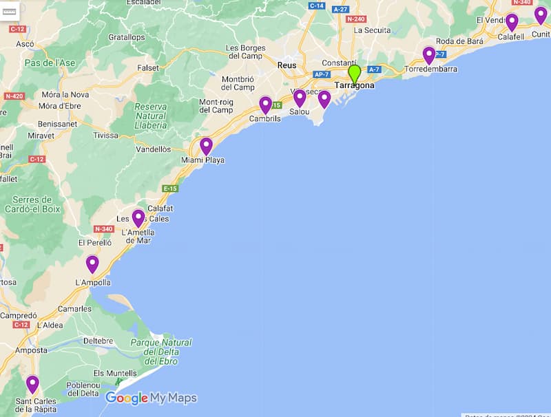 Mapa con los Pueblos de Tarragona con playa